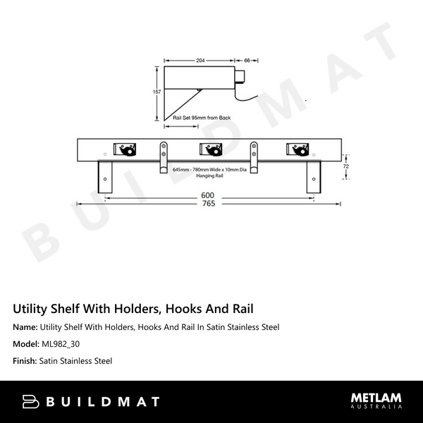 Metlam Utility Shelf With Holders, Hooks And Rail In Satin Stainless Steel