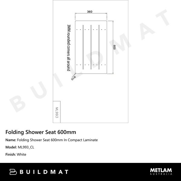 Metlam Folding Shower Seat 600mm In Compact Laminate