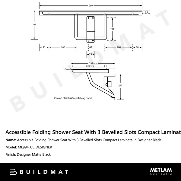 Metlam Accessible Folding Shower Seat With 3 Bevelled Slots Compact Laminate In Designer Black