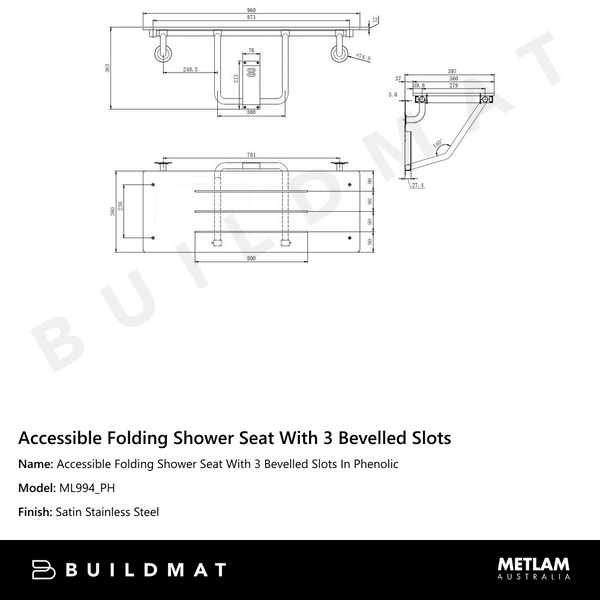 Metlam Accessible Folding Shower Seat With 3 Bevelled Slots In Phenolic