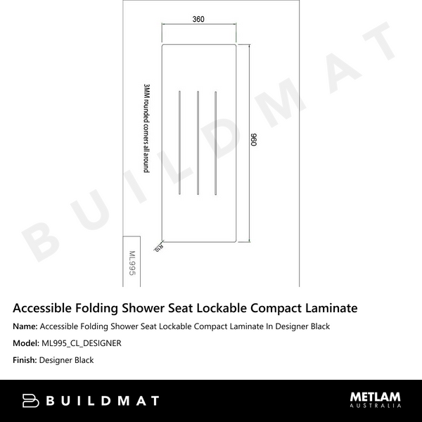Metlam Accessible Folding Shower Seat Lockable Compact Laminate In Designer Black