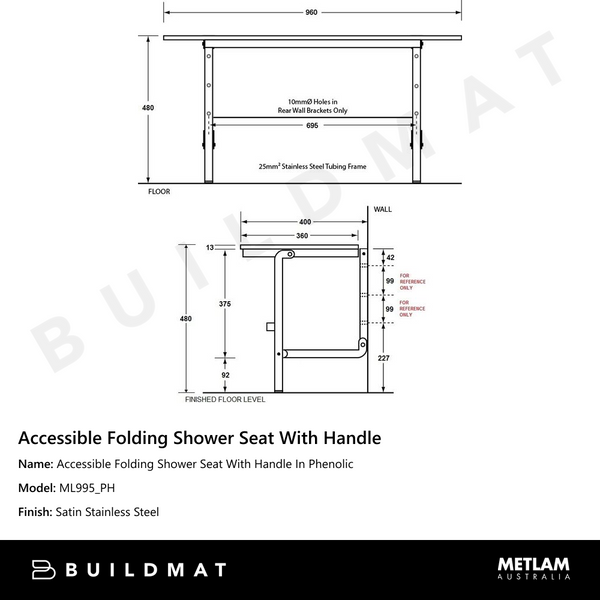 Metlam Accessible Folding Shower Seat With Handle In Phenolic