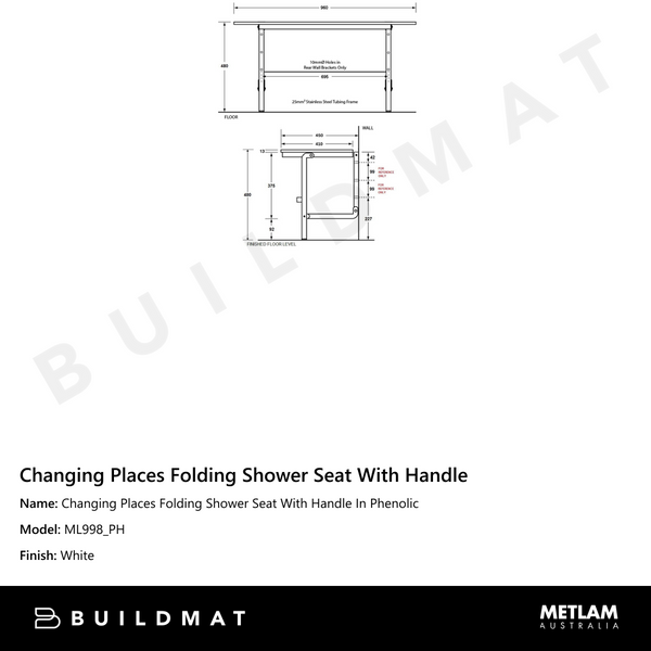 Metlam Changing Places Folding Shower Seat With Handle In Phenolic