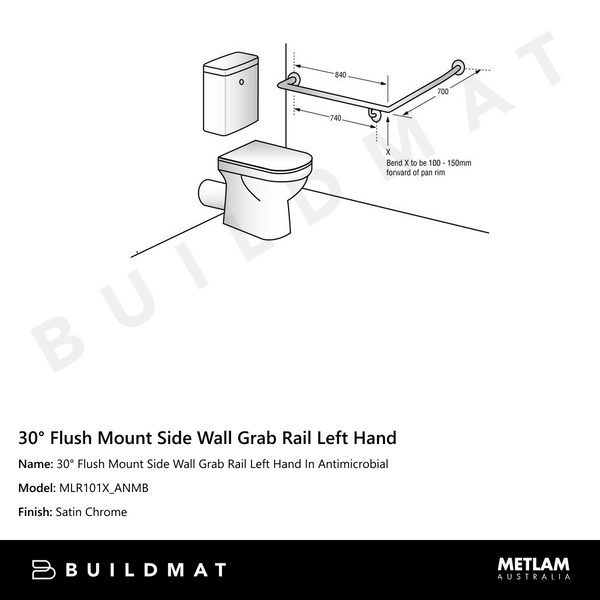 Metlam 30 Degree Flush Mount Side Wall Grab Rail Left Hand In Antimicrobial