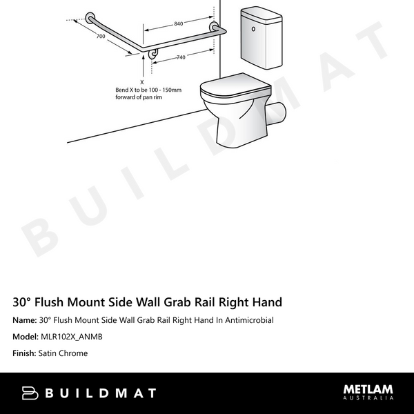 Metlam 30 Degree Flush Mount Side Wall Grab Rail Right Hand In Antimicrobial