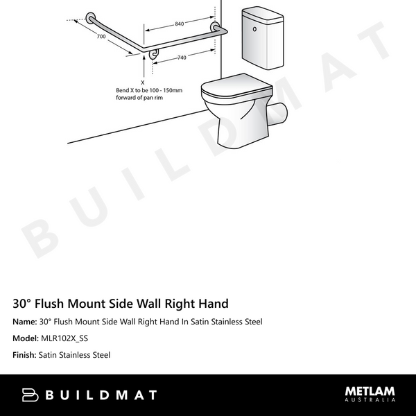 Metlam 30 Degree Flush Mount Side Wall Right Hand In Satin Stainless Steel