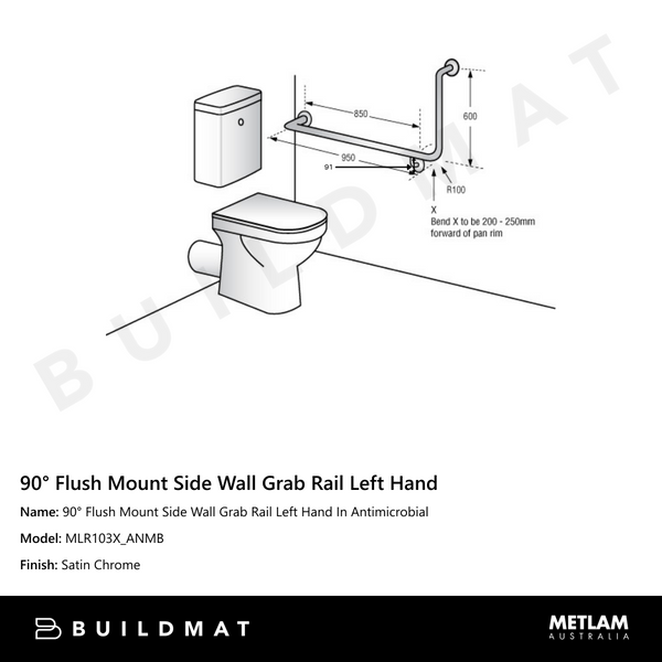 Metlam 90 Degree Flush Mount Side Wall Grab Rail Left Hand In Antimicrobial