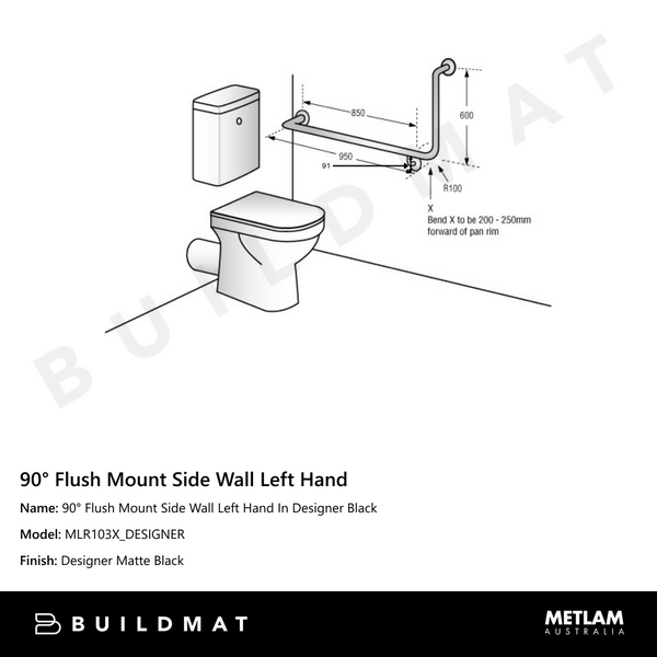 Metlam 90 Degree Flush Mount Side Wall Left Hand In Designer Black