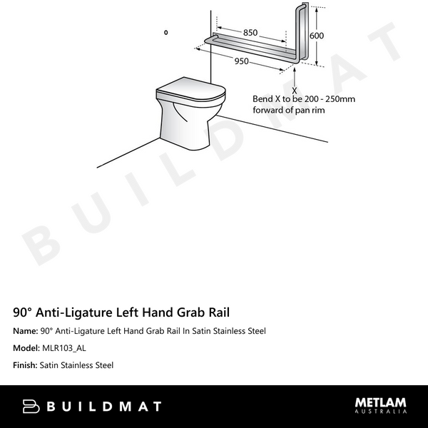 Metlam 90 Degree Anti-Ligature Left Hand Grab Rail In Satin Stainless Steel