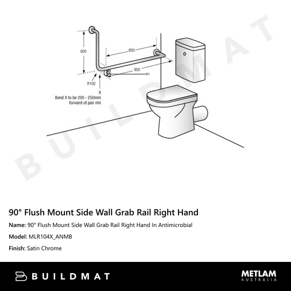 Metlam 90 Degree Flush Mount Side Wall Grab Rail Right Hand In Antimicrobial