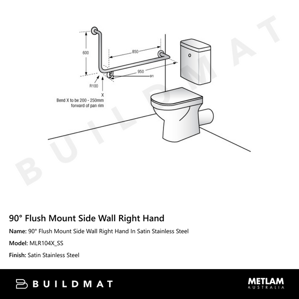 Metlam 90 Degree Flush Mount Side Wall Right Hand In Satin Stainless Steel