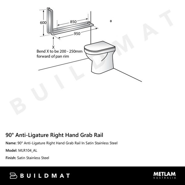 Metlam 90 Degree Anti-Ligature Right Hand Grab Rail In Satin Stainless Steel