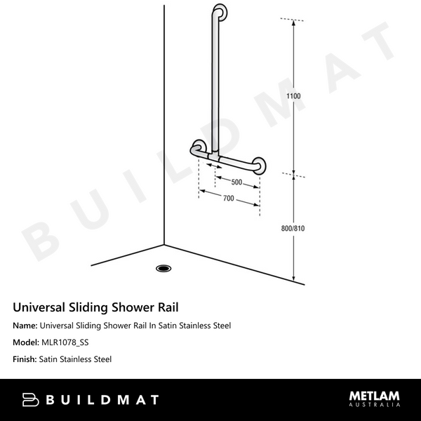 Metlam Universal Sliding Shower Rail In Satin Stainless Steel