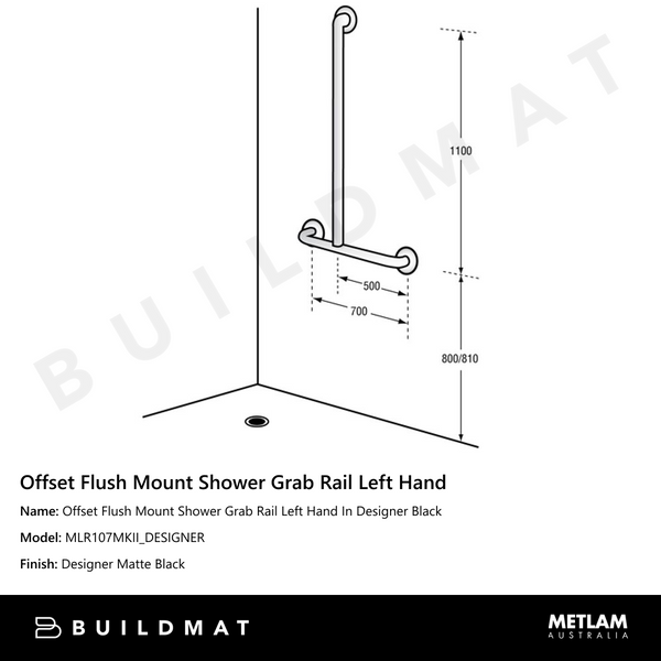 Metlam Offset Flush Mount Shower Grab Rail Left Hand In Designer Black