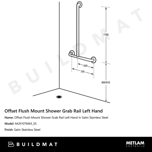 Metlam Offset Flush Mount Shower Grab Rail Left Hand In Satin Stainless Steel