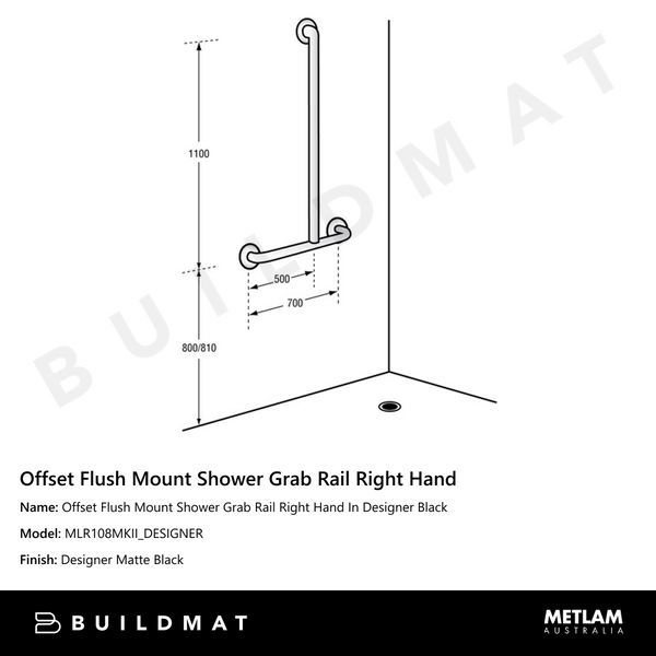 Metlam Offset Flush Mount Shower Grab Rail Right Hand In Designer Black