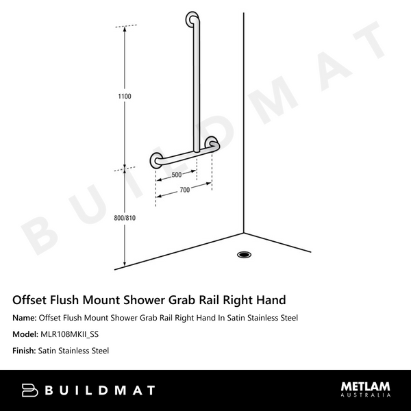 Metlam Offset Flush Mount Shower Grab Rail Right Hand In Satin Stainless Steel