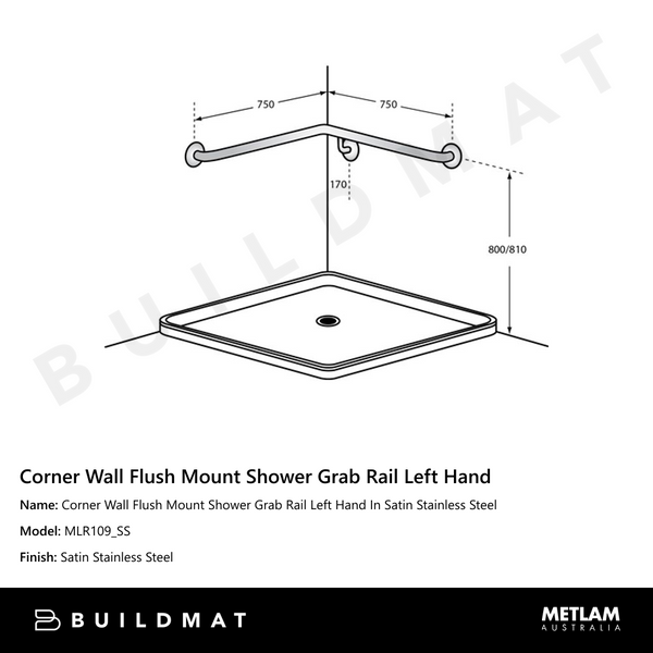Metlam Corner Wall Flush Mount Shower Grab Rail Left Hand In Satin Stainless Steel