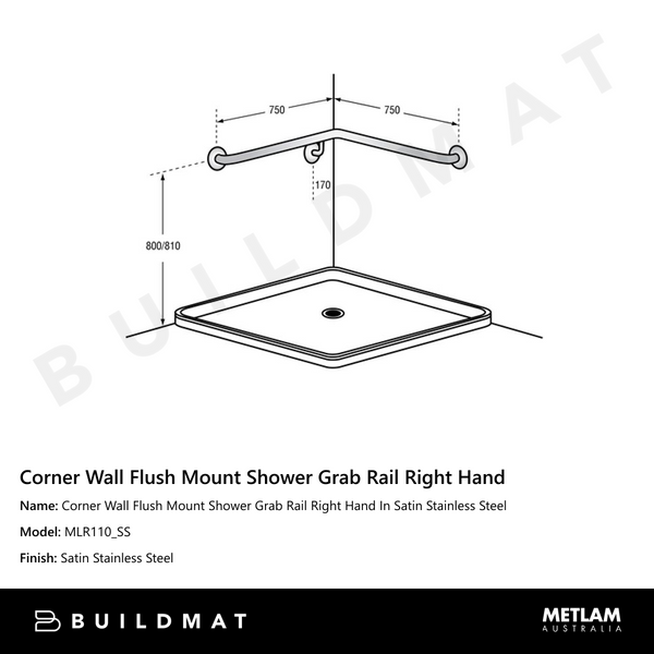 Metlam Corner Wall Flush Mount Shower Grab Rail Right Hand In Satin Stainless Steel
