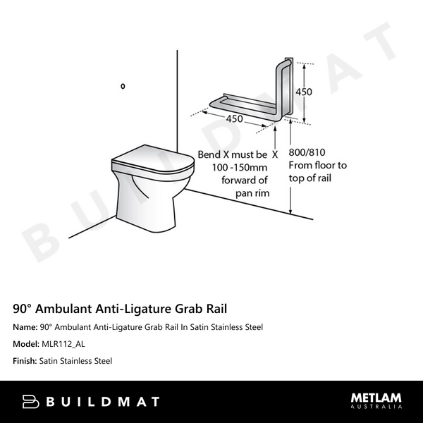 Metlam 90 Degree Ambulant Anti-Ligature Grab Rail In Satin Stainless Steel