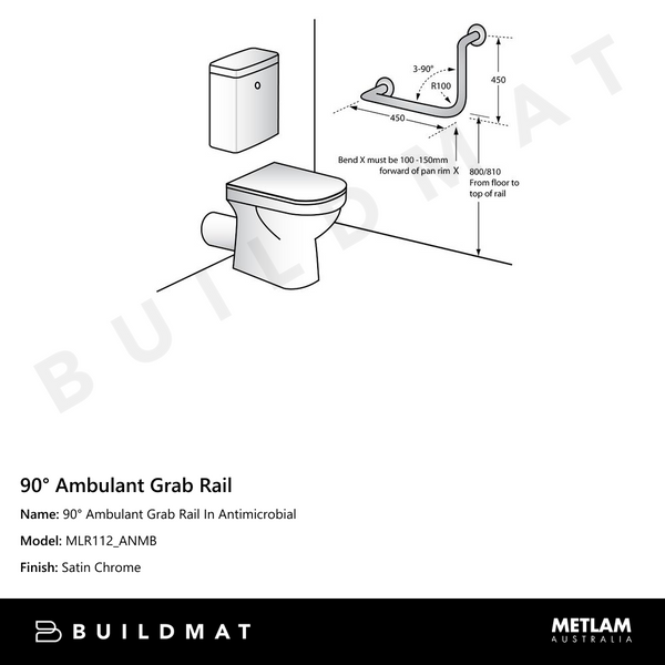 Metlam 90 Degree Ambulant Grab Rail In Antimicrobial