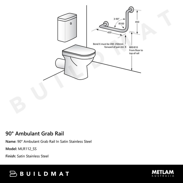 Metlam 90 Degree Ambulant Grab Rail In Satin Stainless Steel