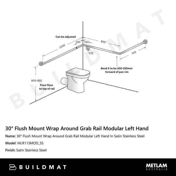 Metlam 30 Degree Flush Mount Wrap Around Grab Rail Modular Left Hand In Satin Stainless Steel