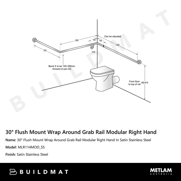 Metlam 30 Degree Flush Mount Wrap Around Grab Rail Modular Right Hand In Satin Stainless Steel