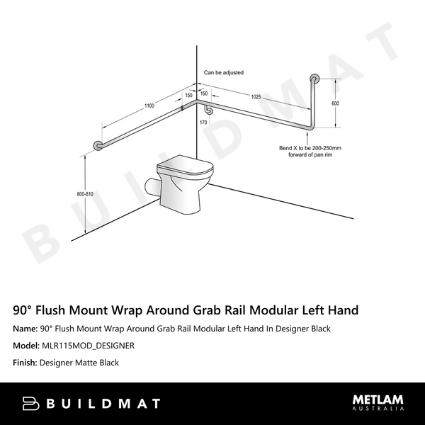 Metlam 90 Degree Flush Mount Wrap Around Grab Rail Modular Left Hand In Designer Black