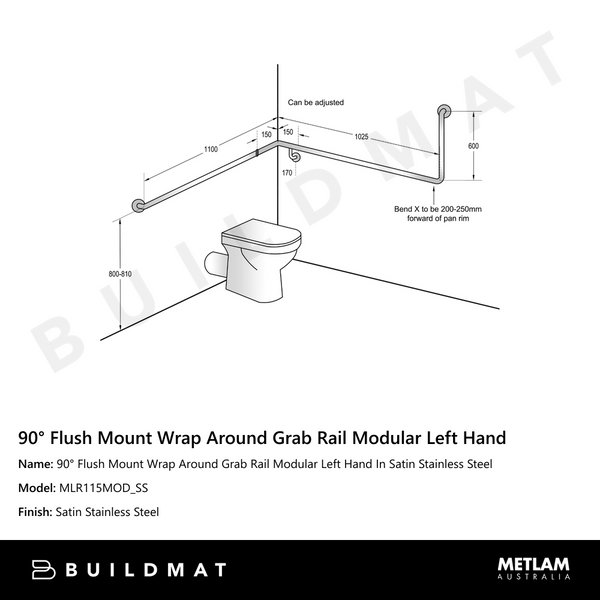 Metlam 90 Degree Flush Mount Wrap Around Grab Rail Modular Left Hand In Satin Stainless Steel