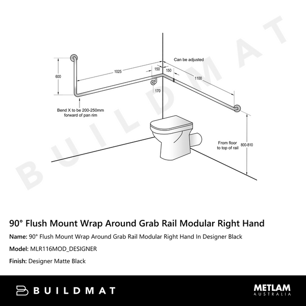 Metlam 90 Degree Flush Mount Wrap Around Grab Rail Modular Right Hand In Designer Black