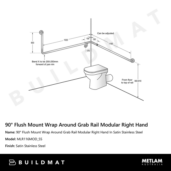 Metlam 90 Degree Flush Mount Wrap Around Grab Rail Modular Right Hand In Satin Stainless Steel