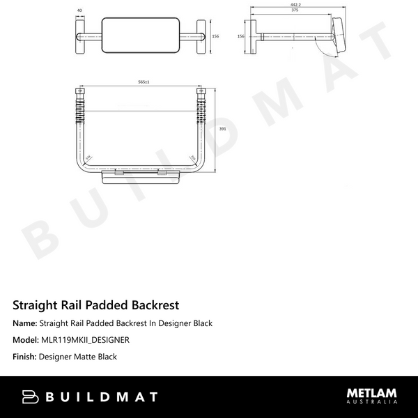 Metlam Straight Rail Padded Backrest In Designer Black