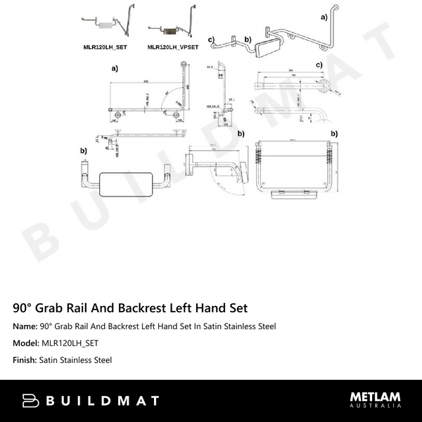 Metlam 90 Degree Grab Rail And Backrest Left Hand Set In Satin Stainless Steel