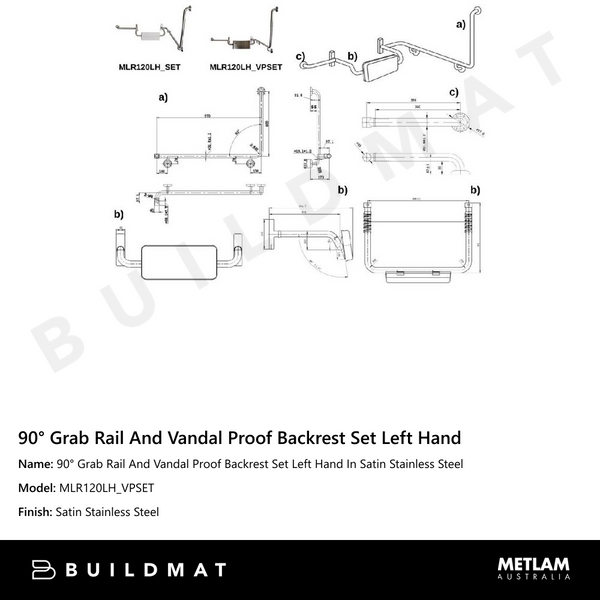 Metlam 90 Degree Grab Rail And Vandal Proof Backrest Set Left Hand In Satin Stainless Steel