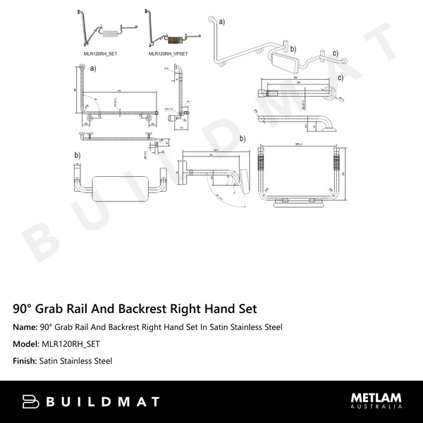 Metlam 90 Degree Grab Rail And Backrest Right Hand Set In Satin Stainless Steel