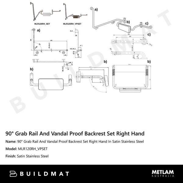 Metlam 90 Degree Grab Rail And Vandal Proof Backrest Set Right Hand In Satin Stainless Steel