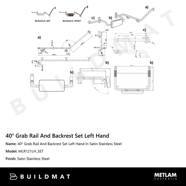 Metlam 40 Degree Grab Rail And Backrest Set Left Hand In Satin Stainless Steel
