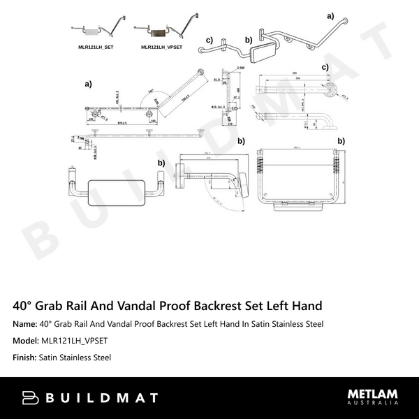 Metlam 40 Degree Grab Rail And Vandal Proof Backrest Set Left Hand In Satin Stainless Steel