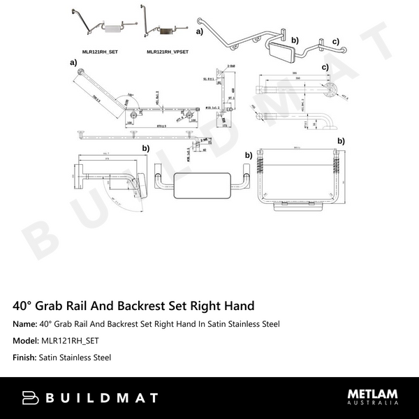 Metlam 40 Degree Grab Rail And Backrest Set Right Hand In Satin Stainless Steel