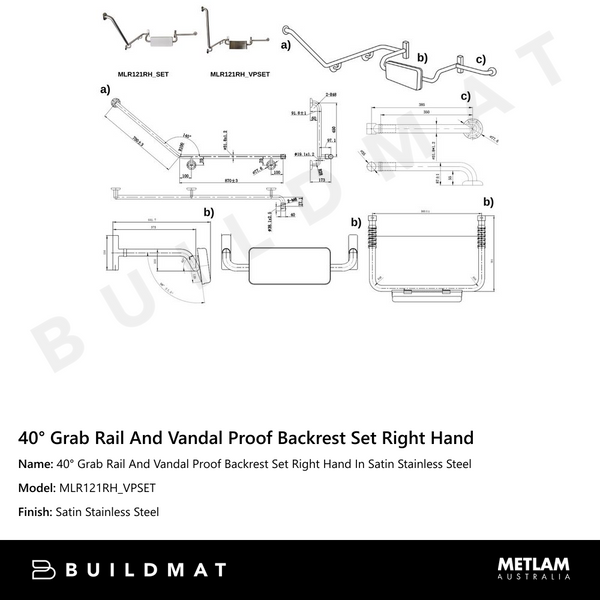 Metlam 40 Degree Grab Rail And Vandal Proof Backrest Set Right Hand In Satin Stainless Steel