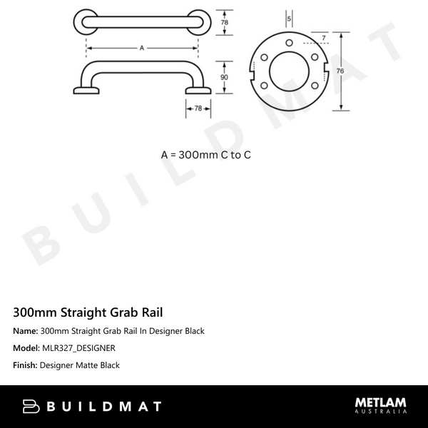Metlam 300mm Straight Grab Rail In Designer Black
