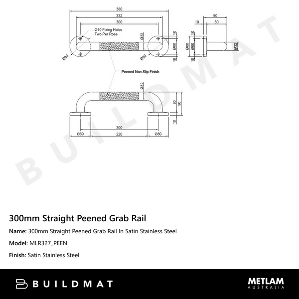 Metlam 300mm Straight Peened Grab Rail In Satin Stainless Steel