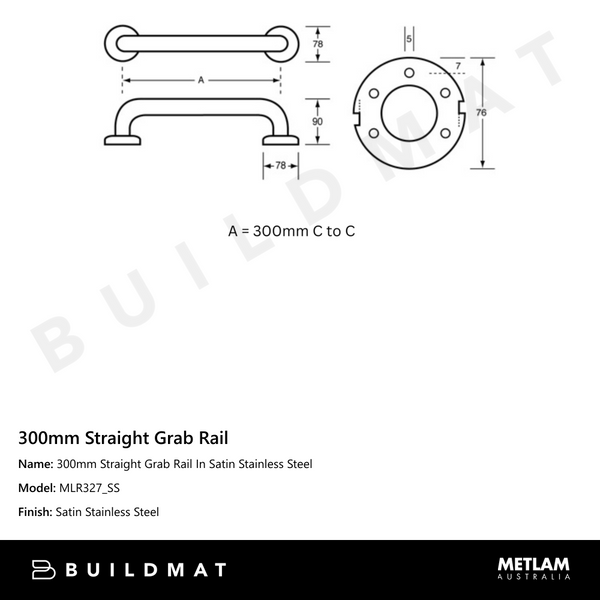 Metlam 300mm Straight Grab Rail In Satin Stainless Steel
