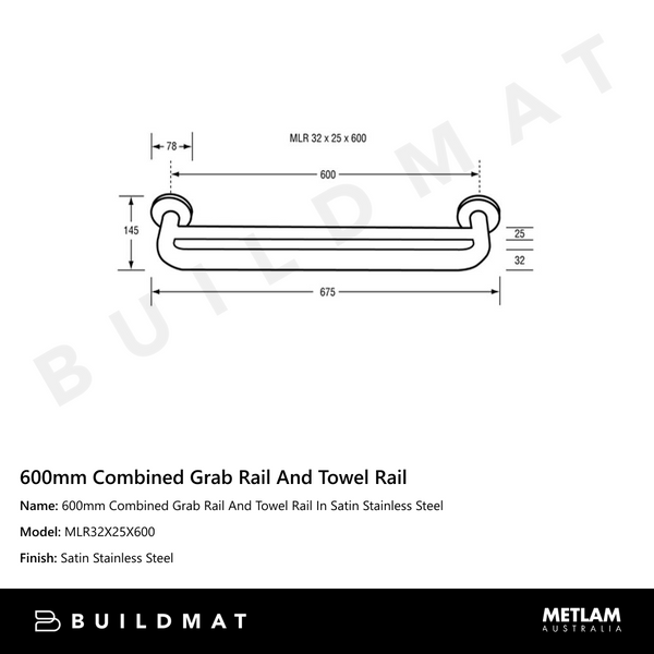 Metlam 600mm Combined Grab Rail And Towel Rail In Satin Stainless Steel