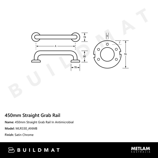 Metlam 450mm Straight Grab Rail In Antimicrobial