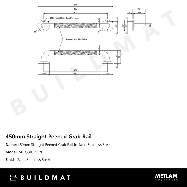 Metlam 450mm Straight Peened Grab Rail In Satin Stainless Steel