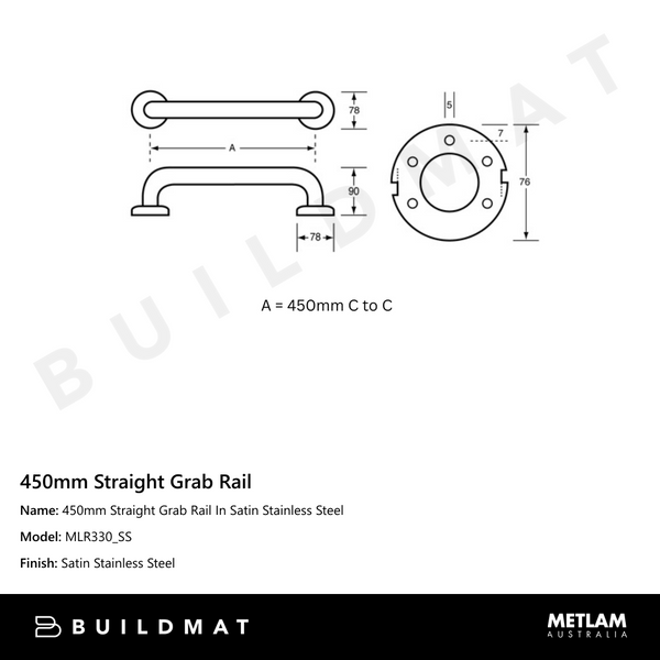 Metlam 450mm Straight Grab Rail In Satin Stainless Steel
