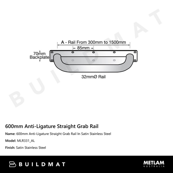 Metlam 600mm Anti-Ligature Straight Grab Rail In Satin Stainless Steel