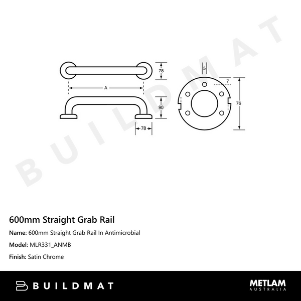Metlam 600mm Straight Grab Rail In Antimicrobial